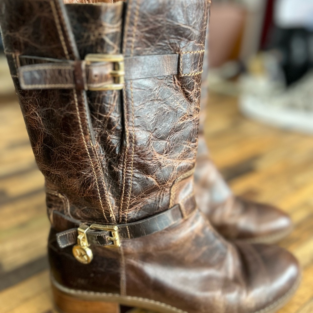 Brown Leather Boots with Gold Accents